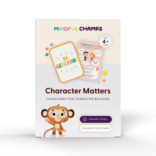 Character Matters Flashcards for Kids by Mindful Champs. Pack of children flashcards for understanding and developing character traits.
