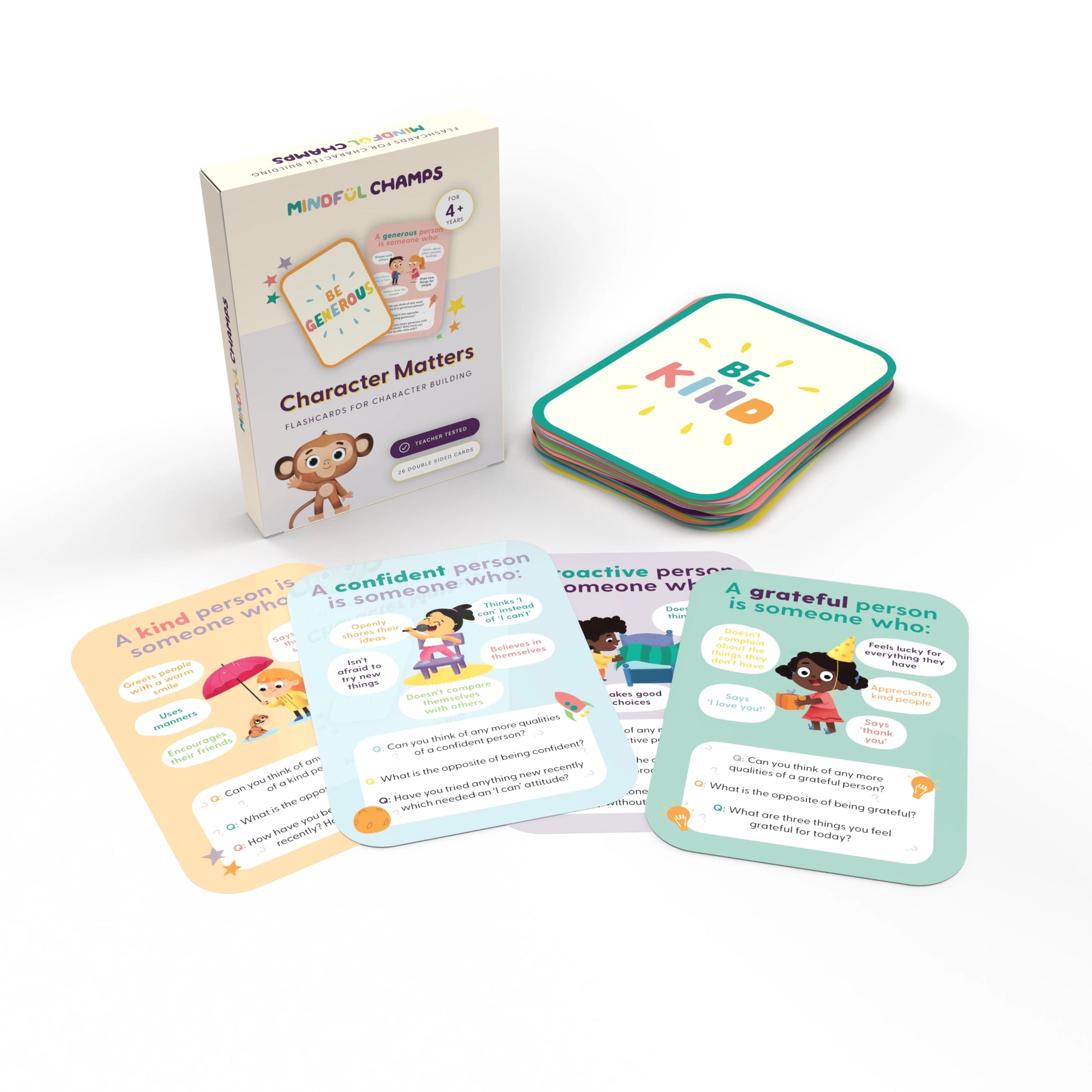 Character Matters Flashcards for Kids by Mindful Champs. Pack of children flashcards for understanding and developing character traits.